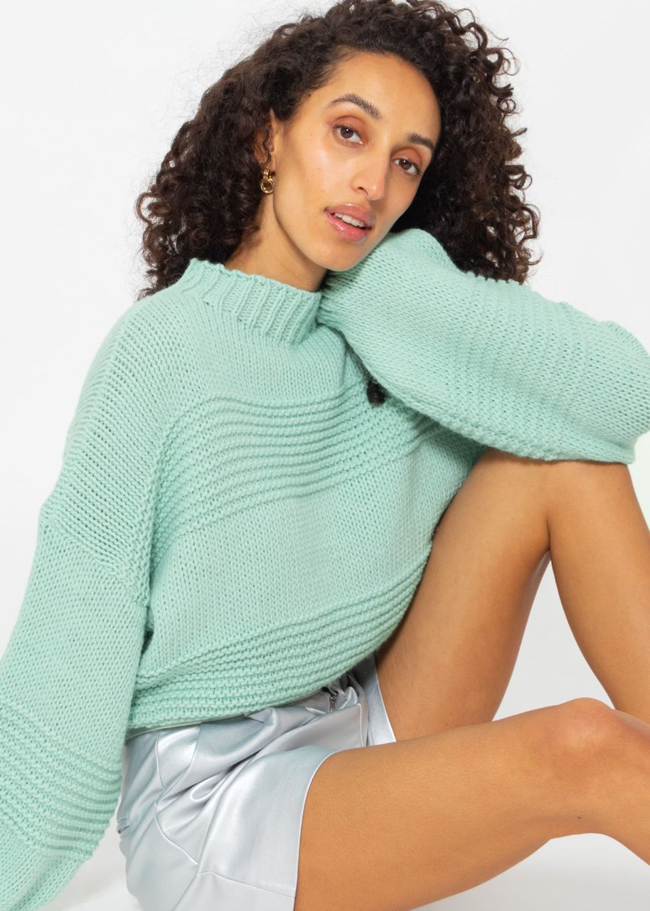 Crop knit sweater with texture - turquoise
