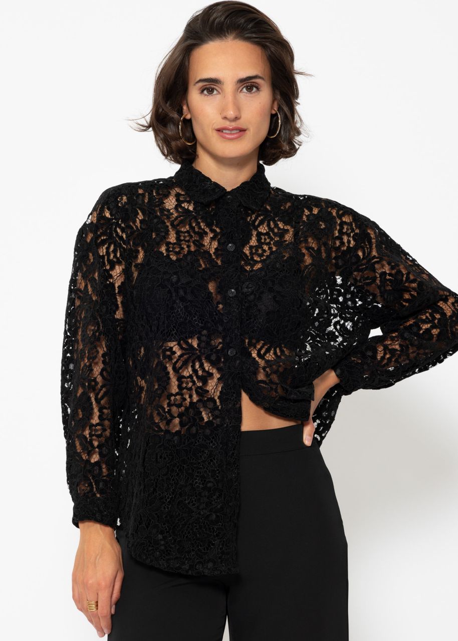 Lace blouse with velvet effect - black