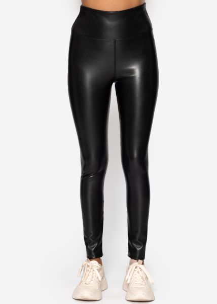 High-rise leather leggings with a wide waistband - black