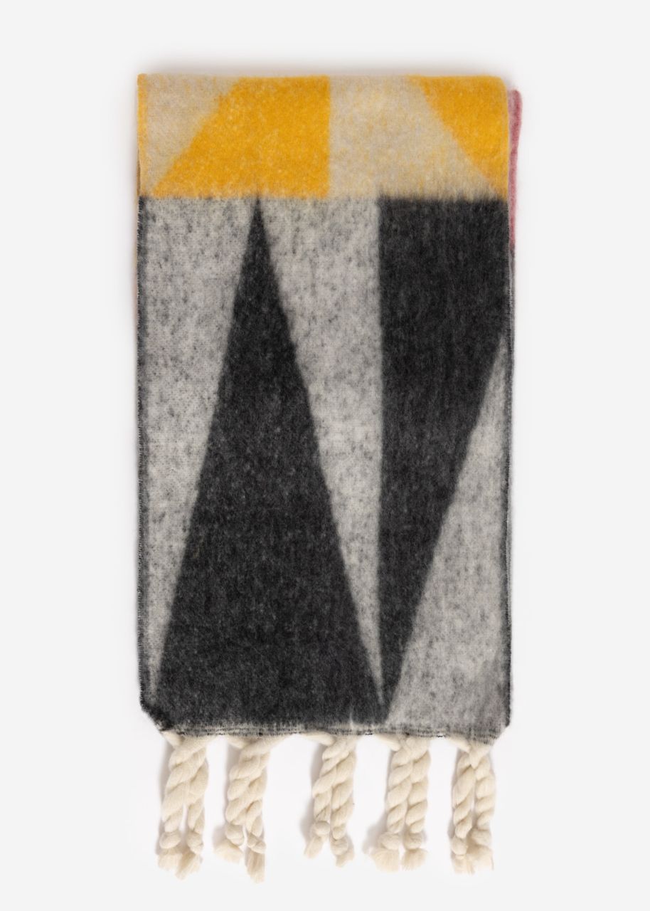 Patterned scarf with bright fringes, gray / wine red / yellow