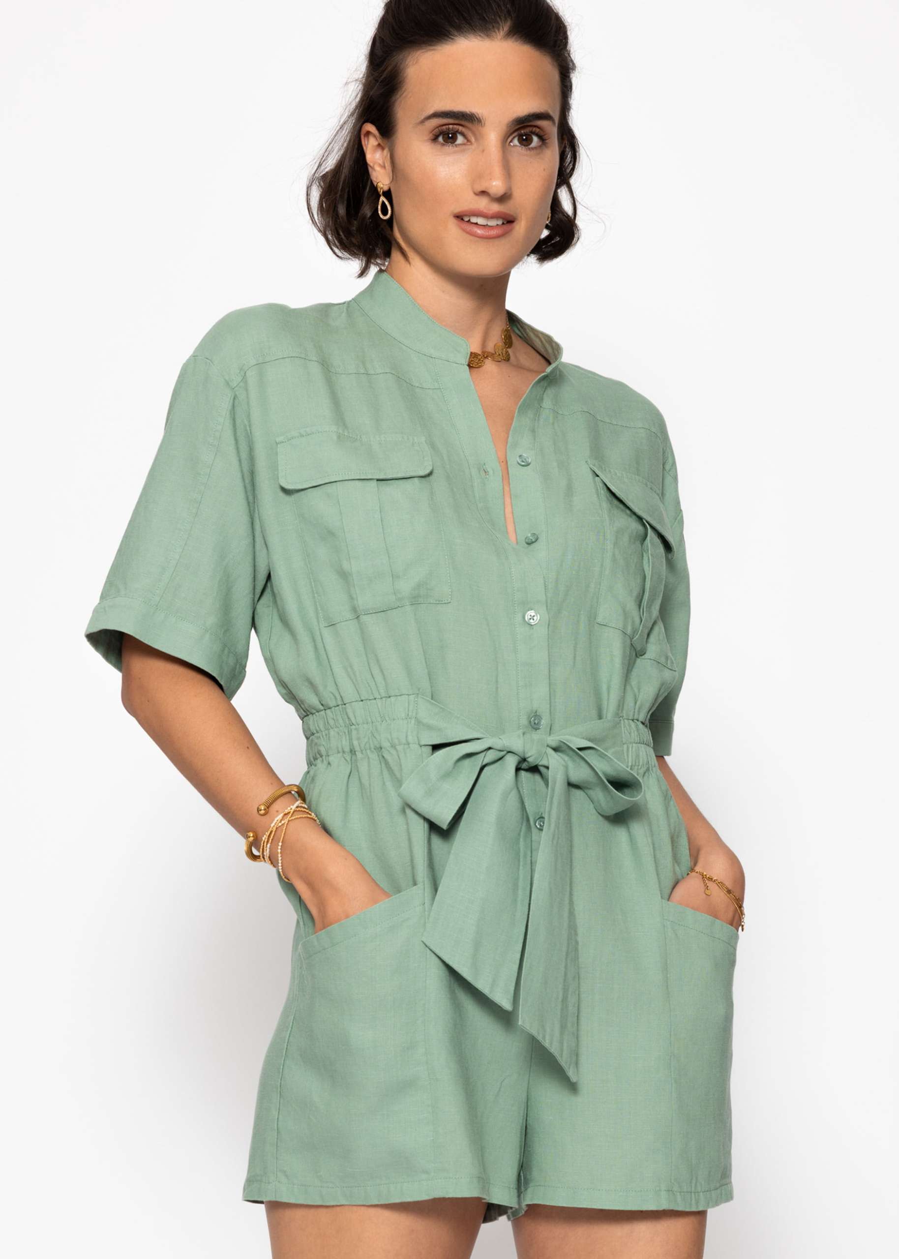 Linen jumpsuit with tie belt - sage green