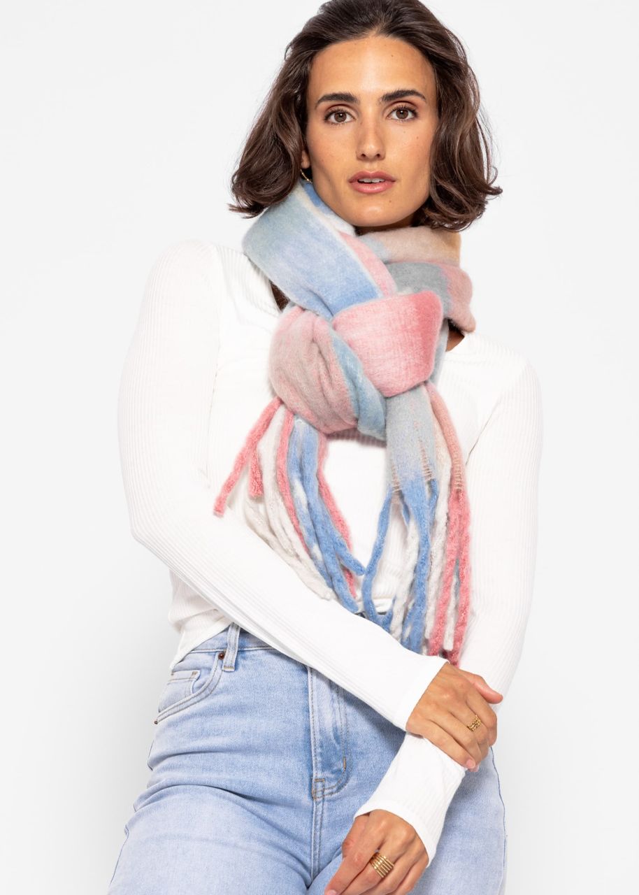 Checked fluffy scarf - pink-blue-green