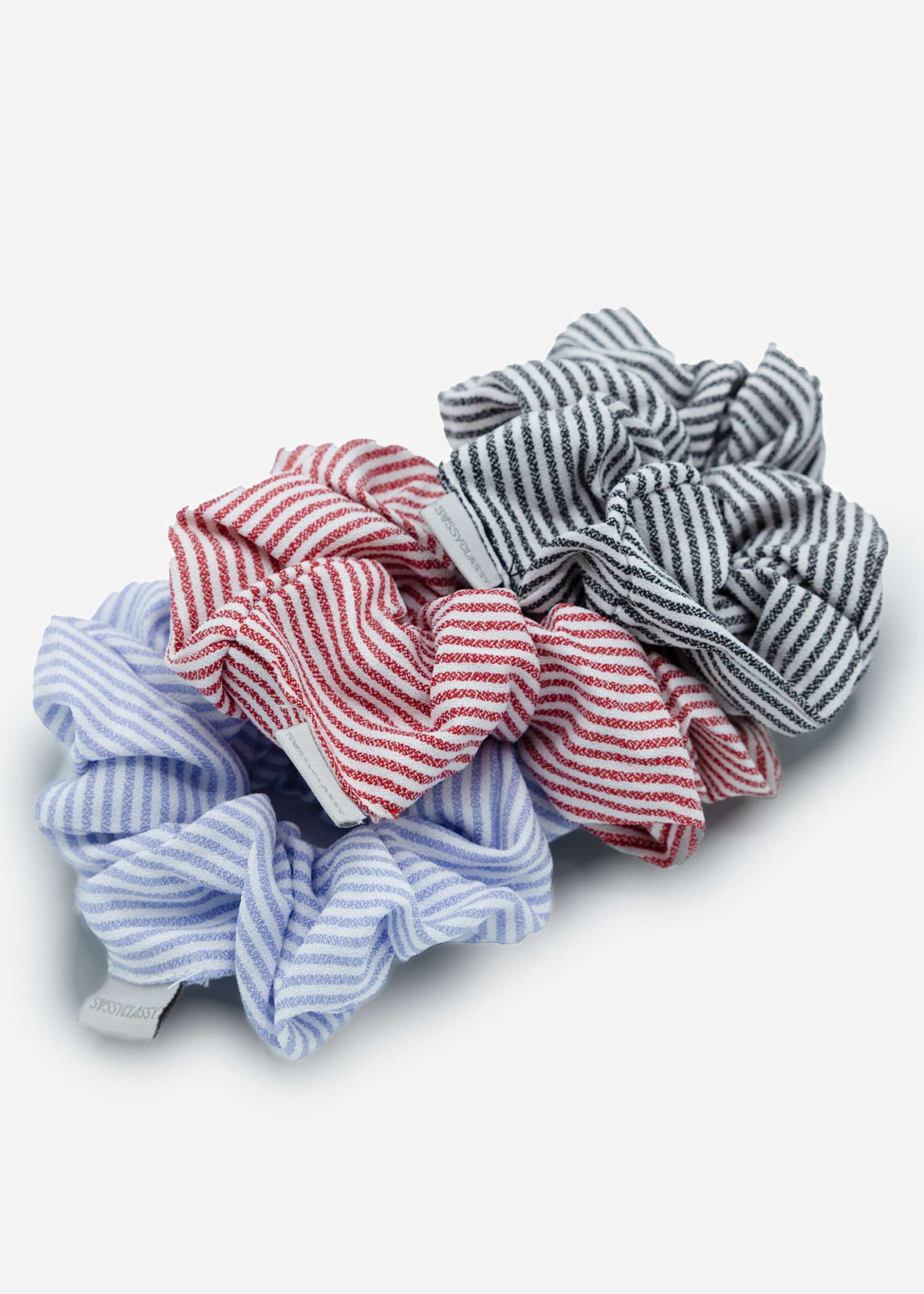 Set of 3 striped scrunchies - black-red-blue