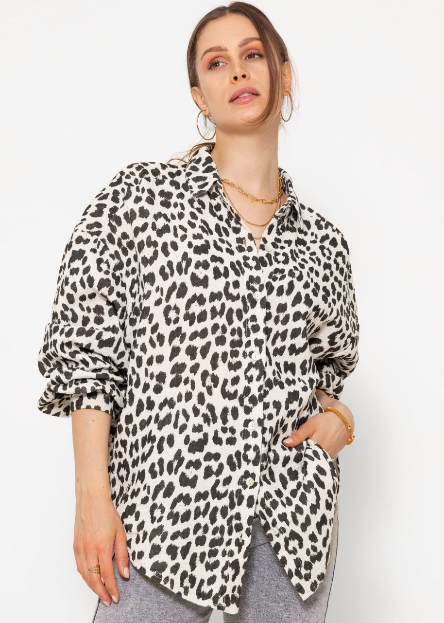 Muslin blouse oversize short with leo print - light beige