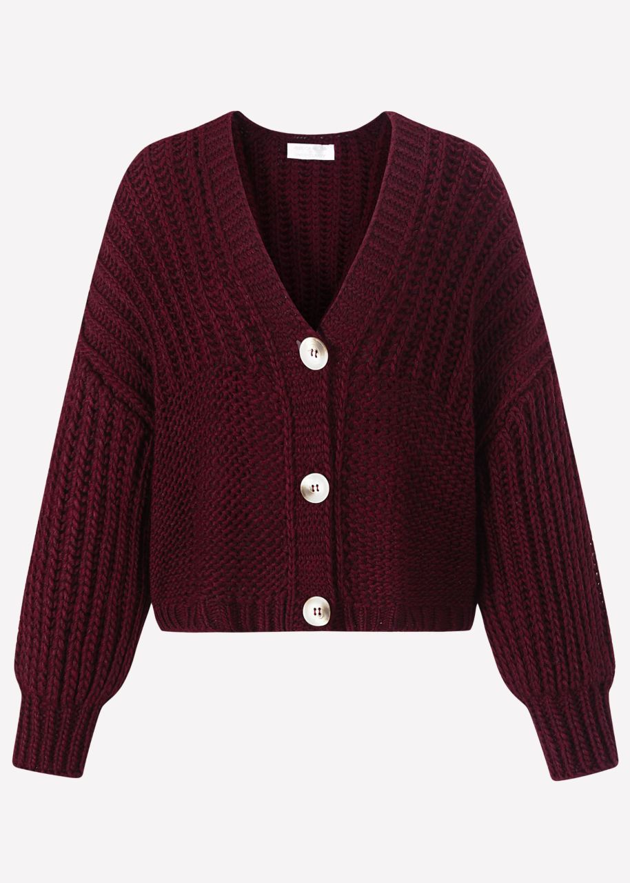 Jessica Haller Knitted cardigan with ribbed sleeves and button placket - burgundy