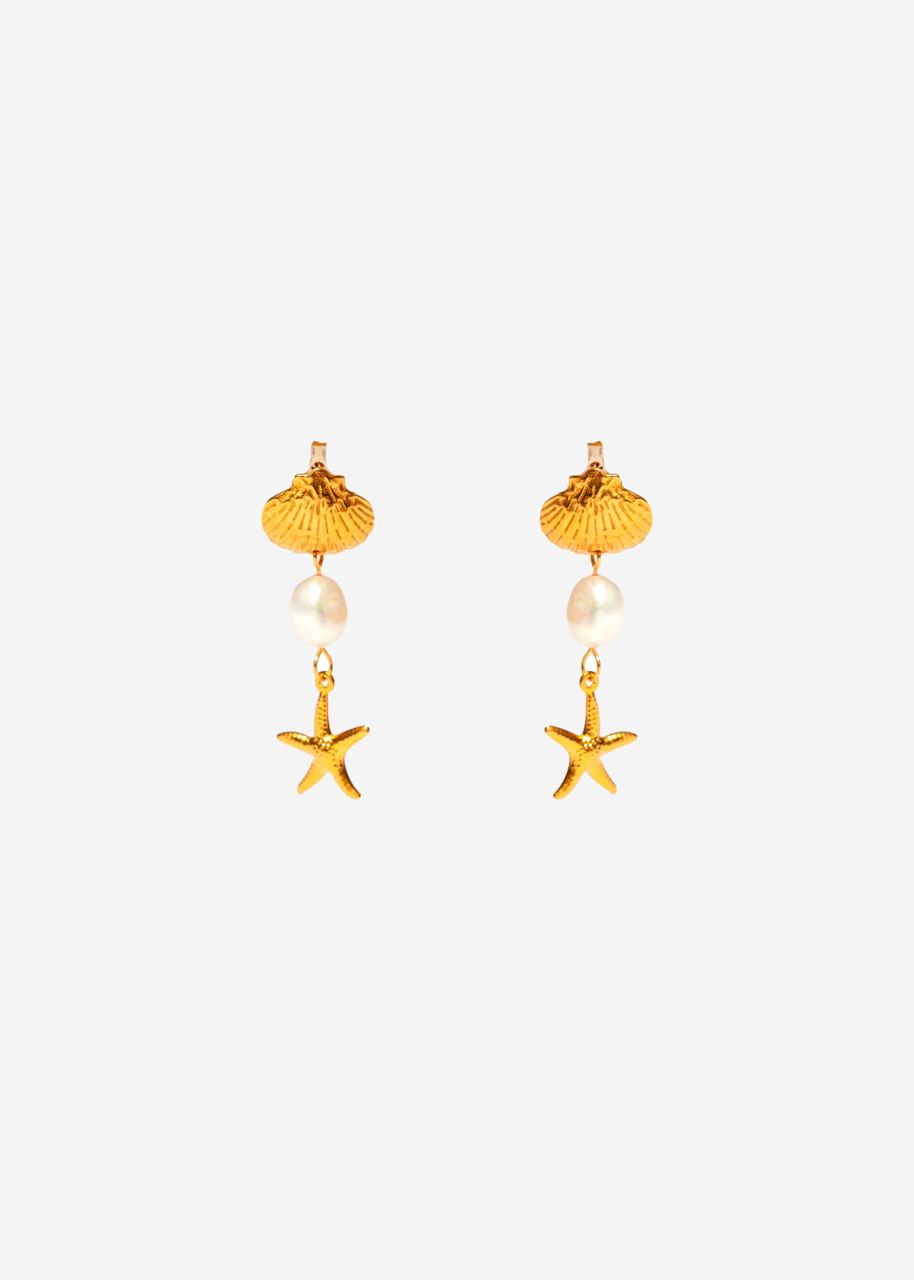 Stud earrings with shell and starfish - gold