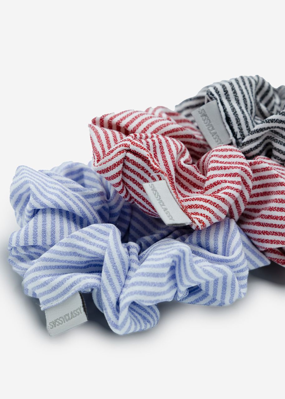 Set of 3 striped scrunchies - black-red-blue