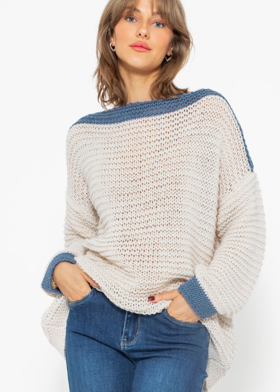 Knitted sweater with colored trim - offwhite - blue