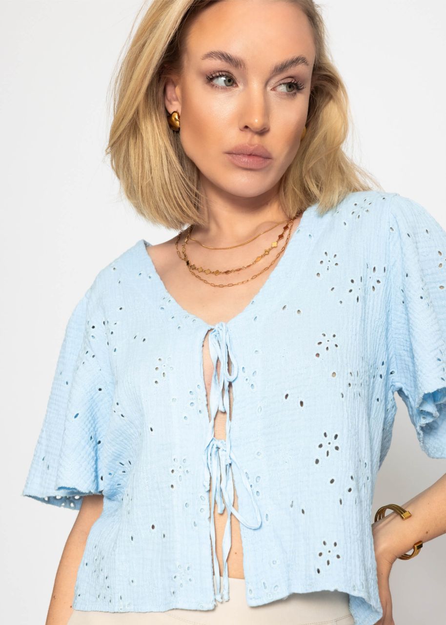 Muslin tie-up blouse with eyelet embroidery - light blue