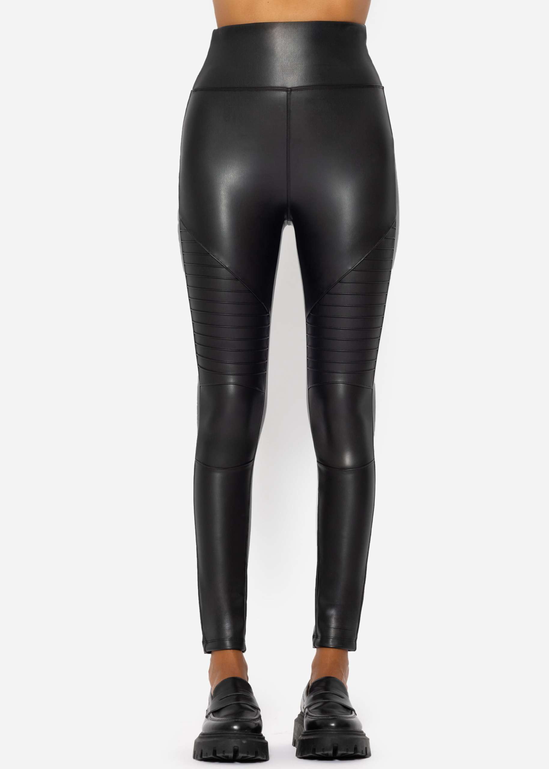 High-rise thermal biker leather leggings - black