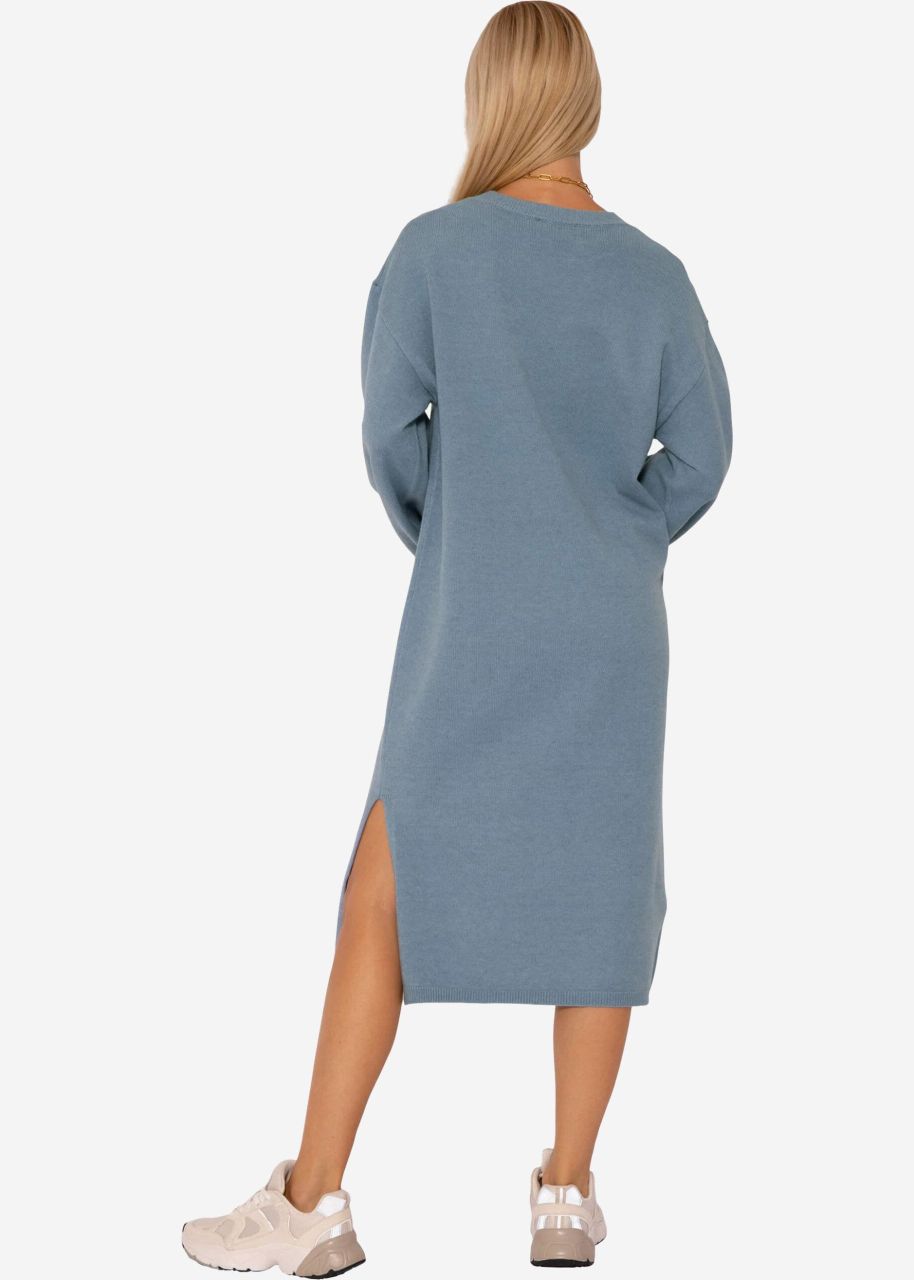 Midi length knit dress with side slit - jean blue