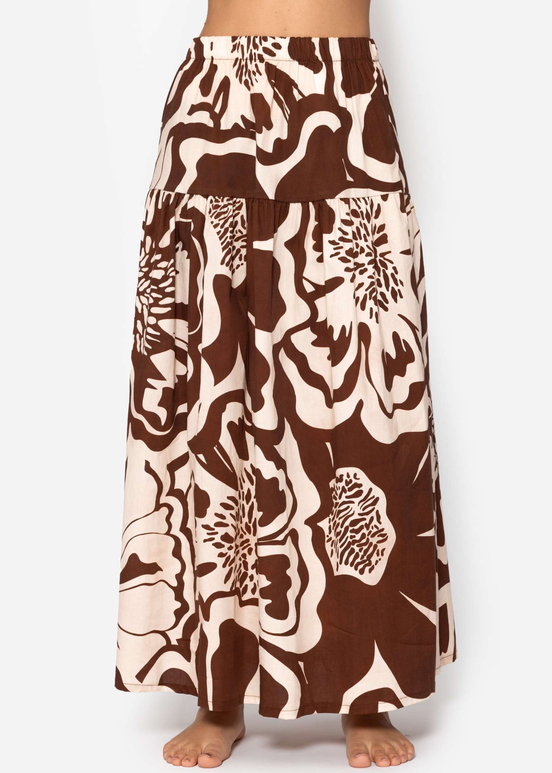Flounce skirt with large floral print - brown