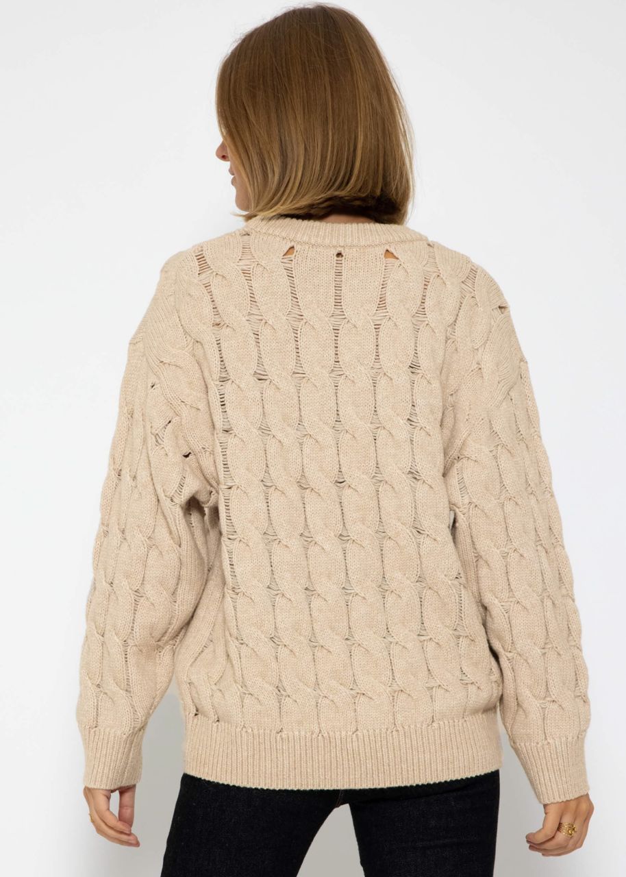 Knitted jumper with cable stitch - beige