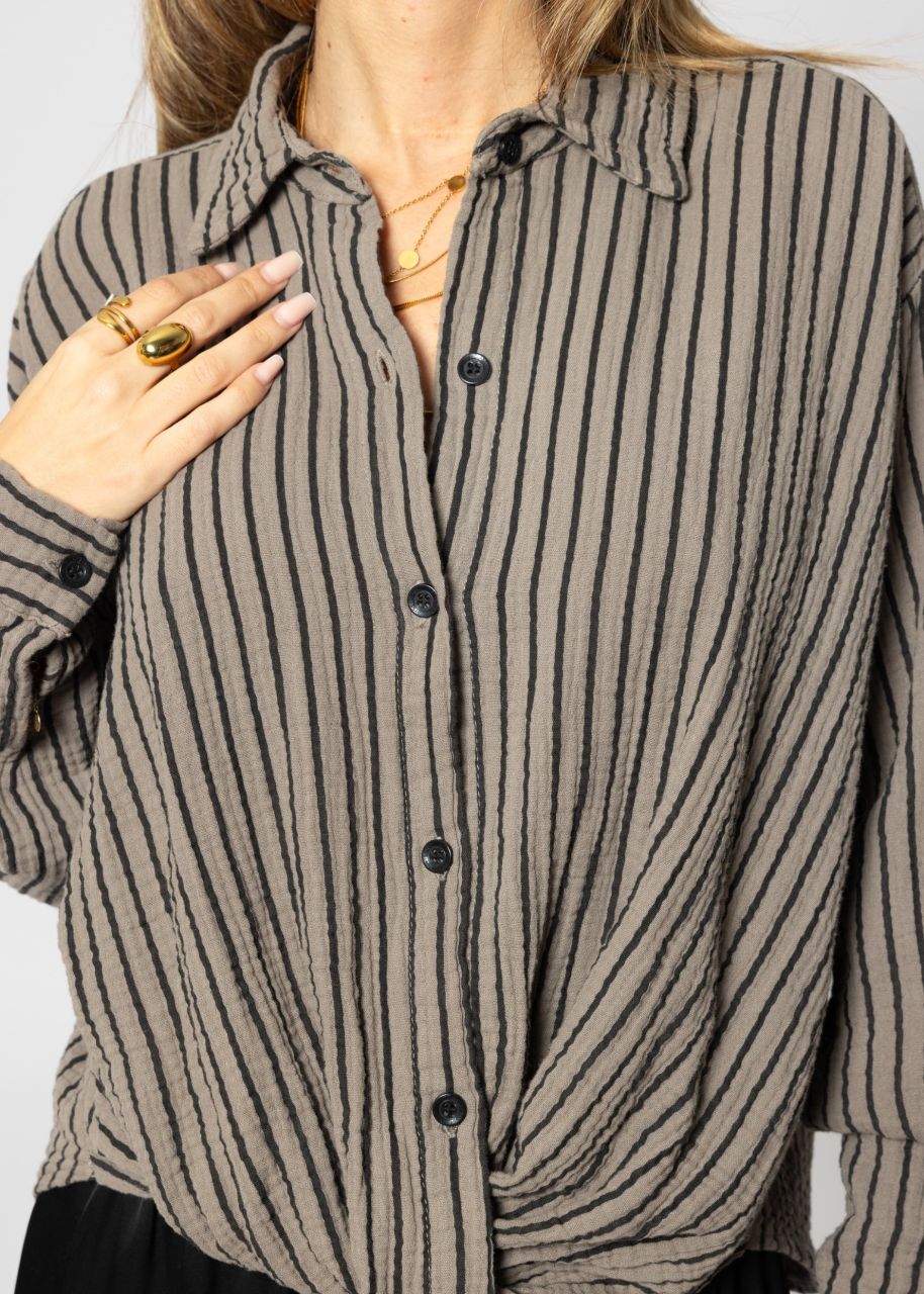 Striped muslin blouse with knot - taupe-black