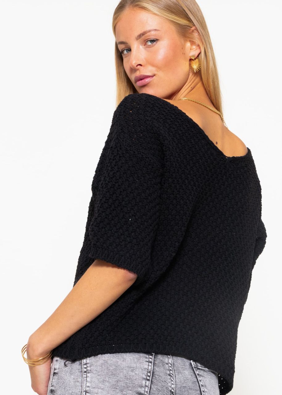 Cotton jumper with V-neck - black