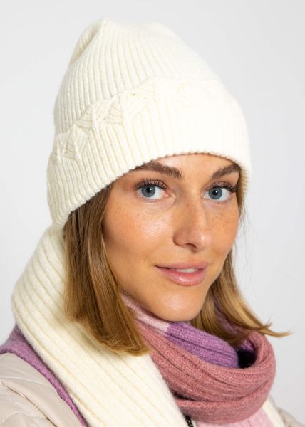 Hat with ajour knit trim - offwhite