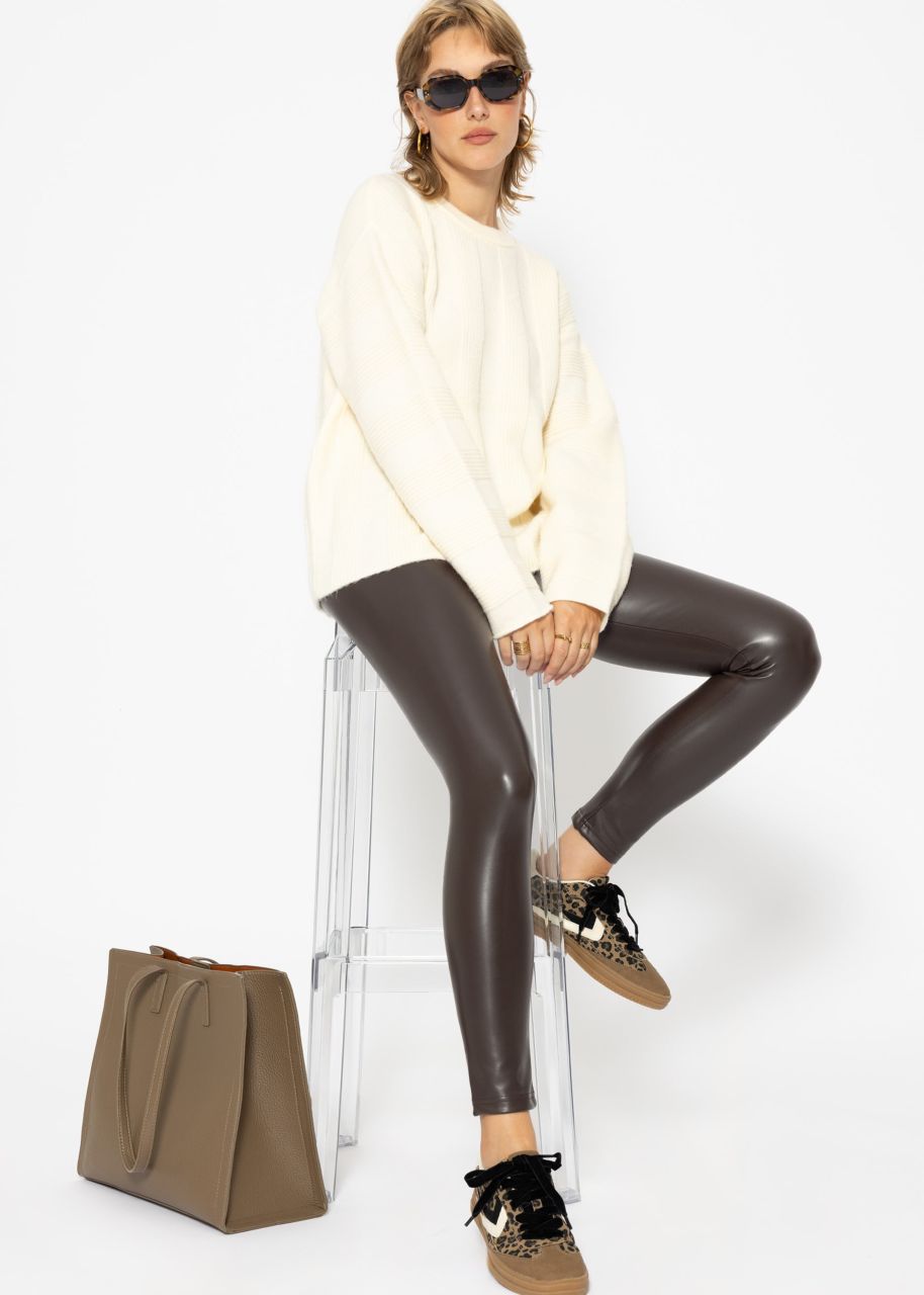 High-rise thermal leather leggings with wide waistband - dark brown