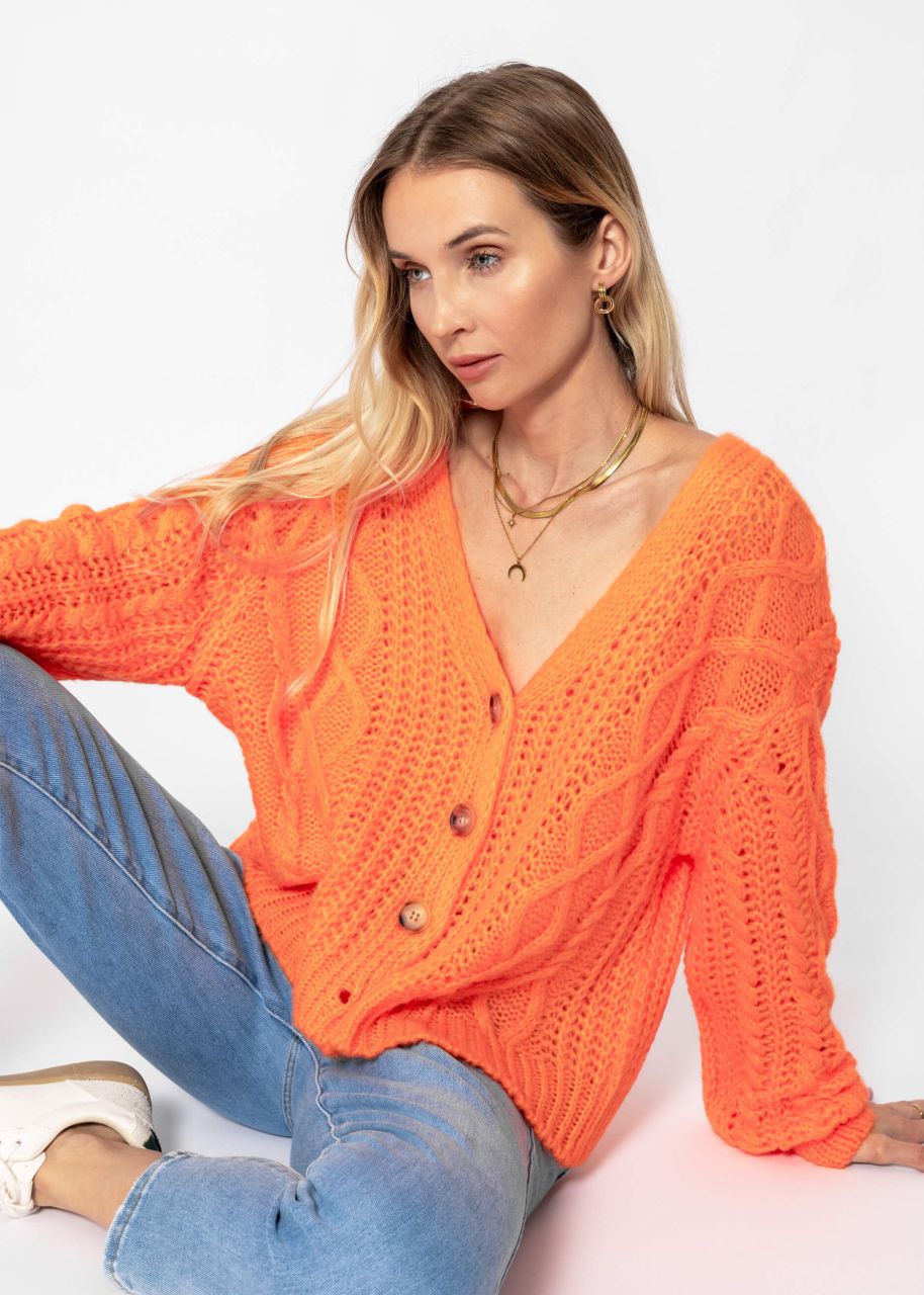 Oversized cardigan with cable knit pattern - tangerine