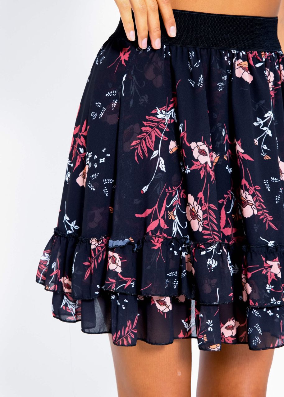 Flounces skirt with ruffles and floral print, black