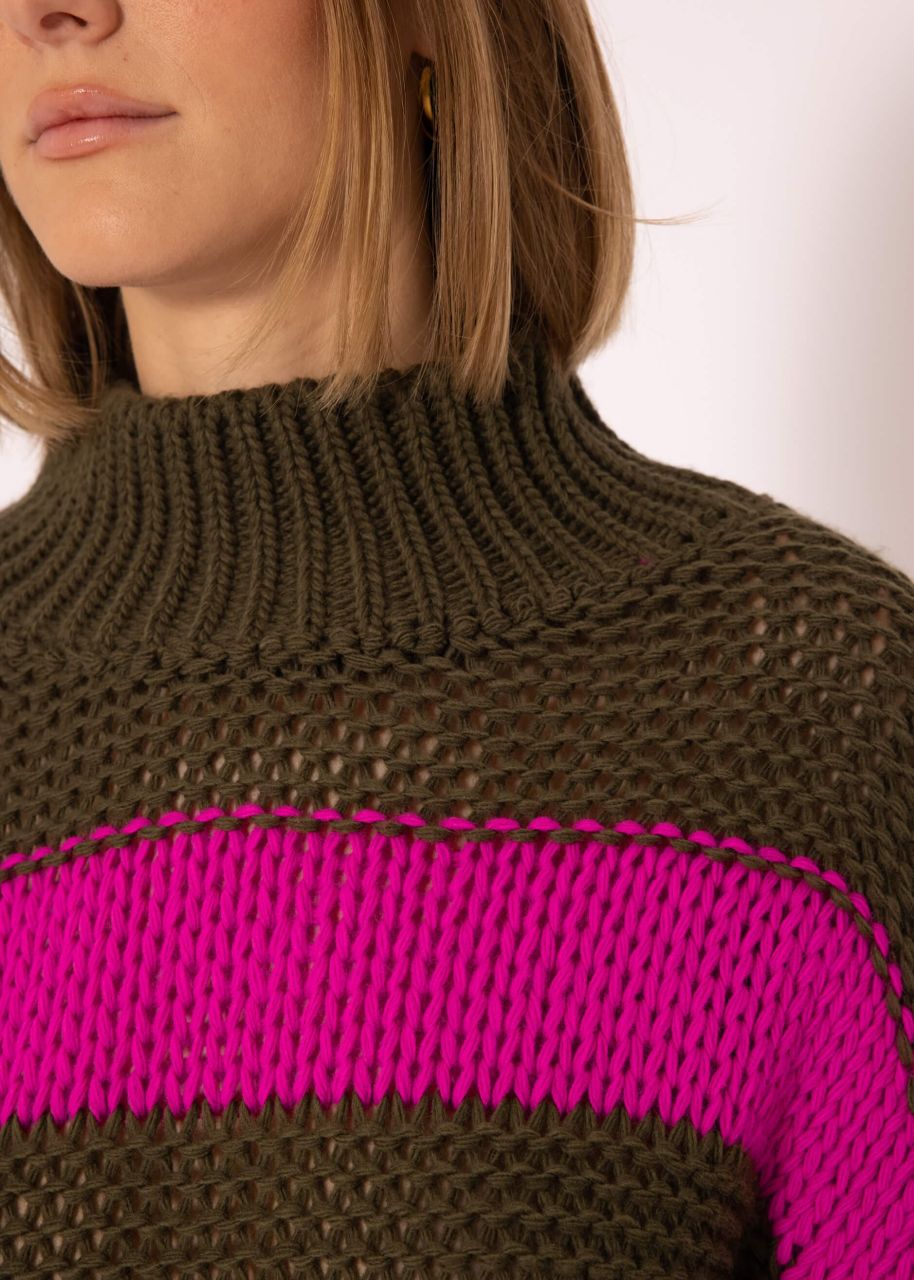 Turtleneck sweater with stripes, khaki-pink