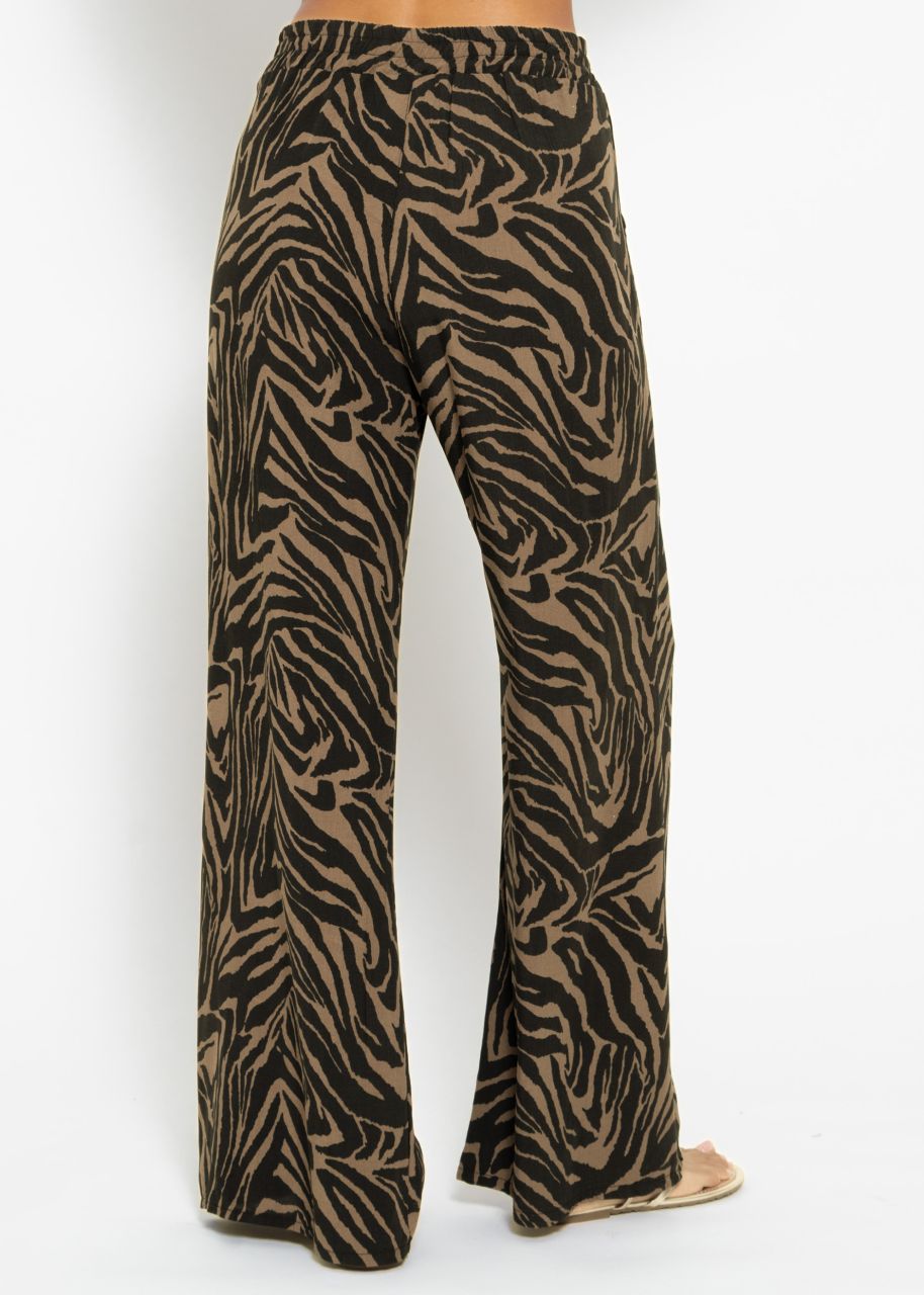 Viscose slip-on trousers with zebra print - black-brown