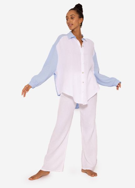 Muslin blouse oversize, short, blue-white