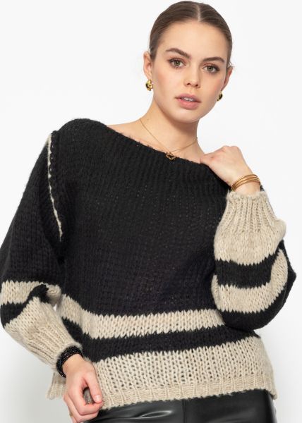 Jumper with striped hem - black-beige