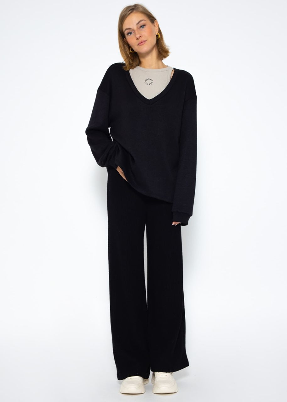 Wide leg ribbed trousers - black