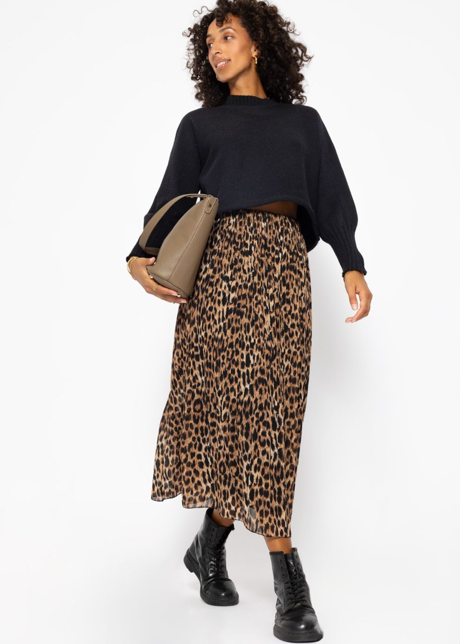 Long pleated chiffon skirt with leopard print in brown