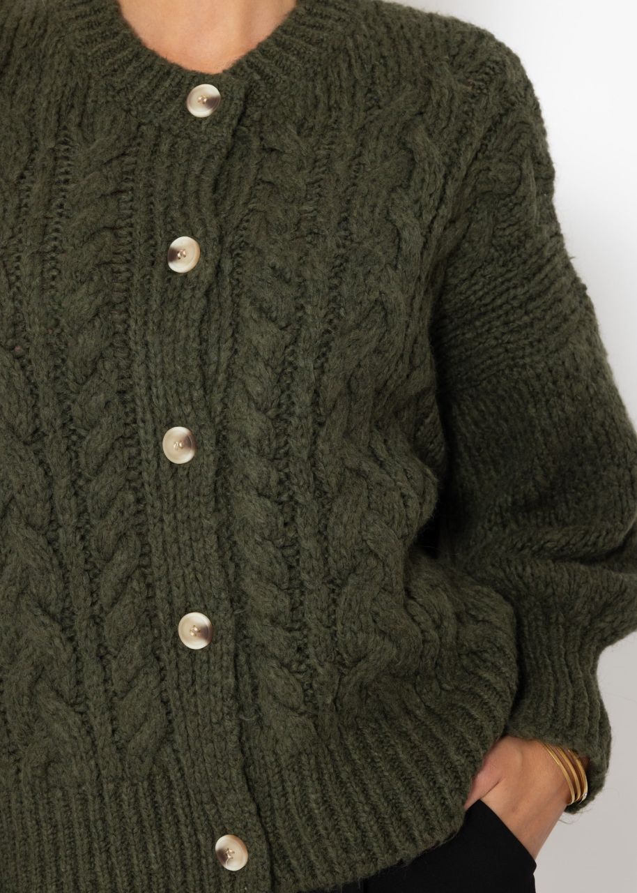 Super fluffy cardigan with cable knit pattern - khaki