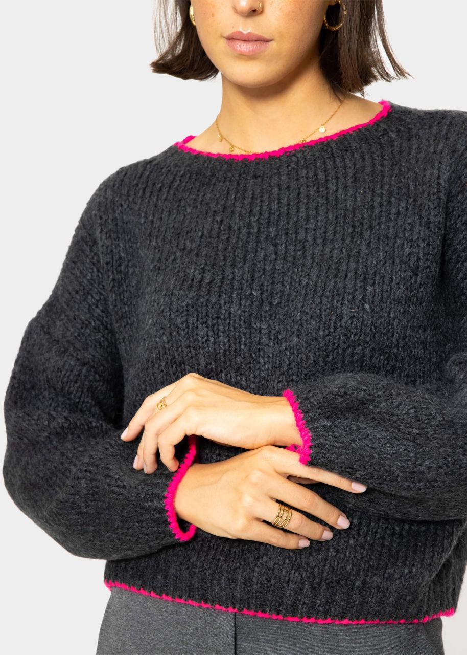 Fluffy jumper with pink trims - dark grey