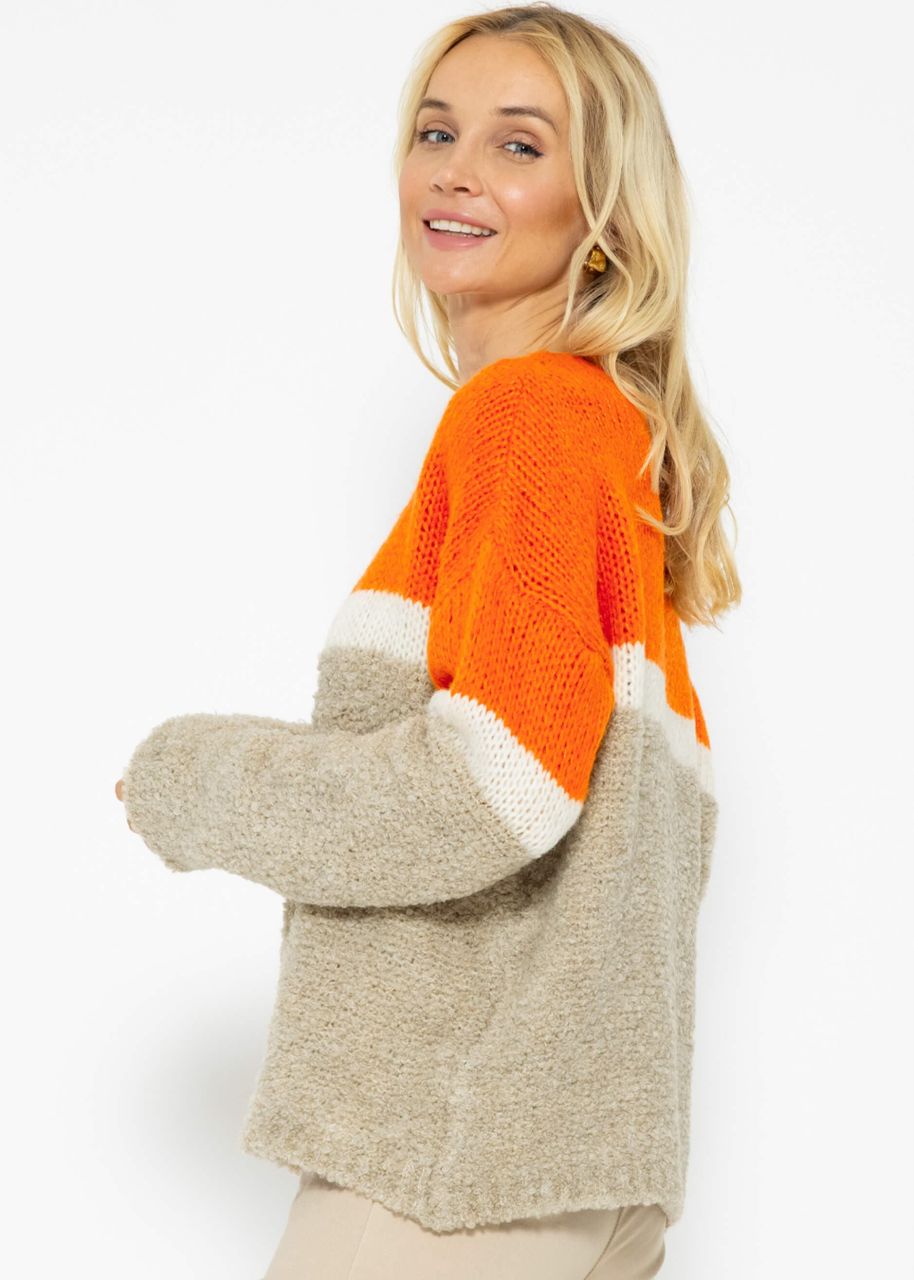 Fluffy jumper with stripe design - orange-offwhite-beige