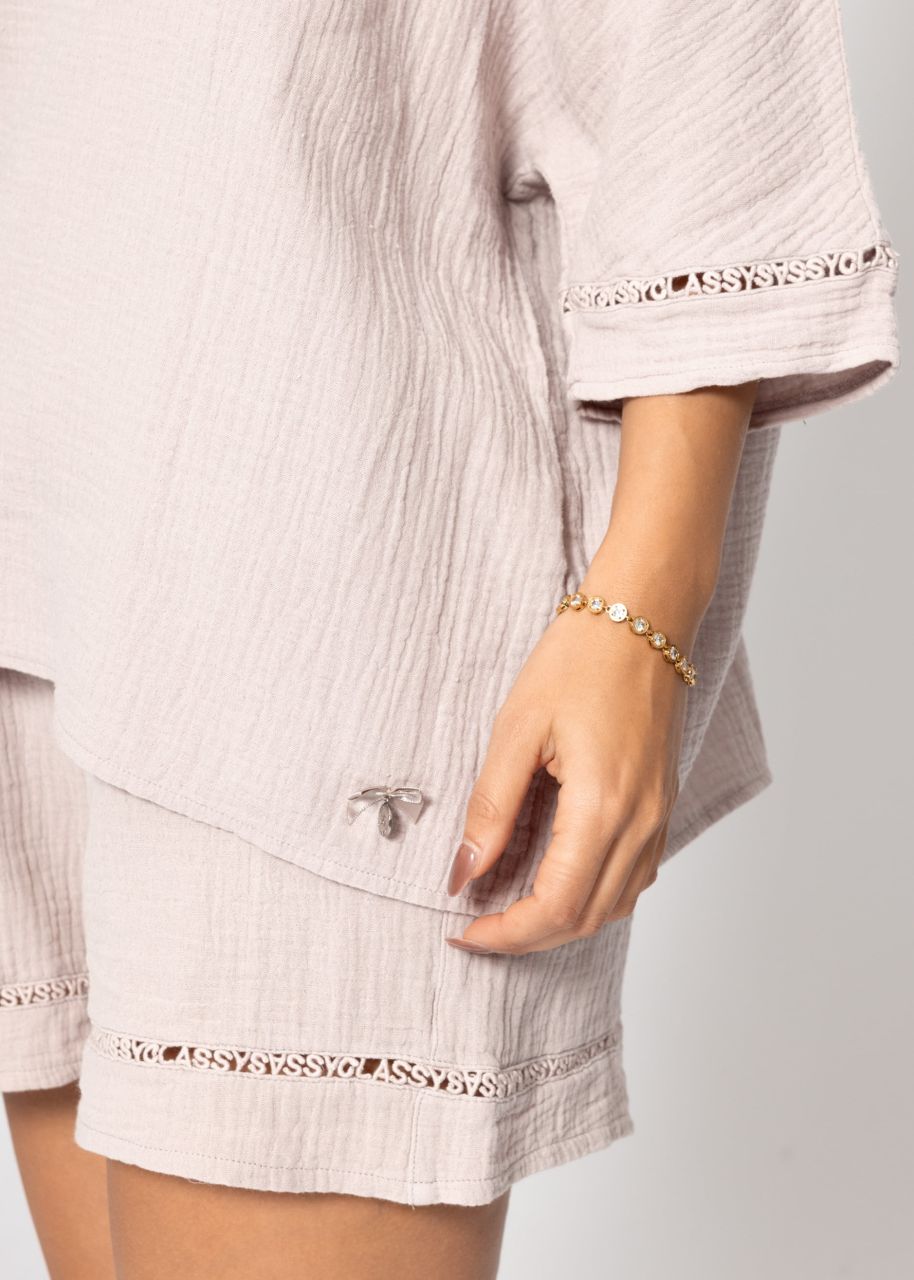 Muslin pyjama shirt with lace trim - dusky pink
