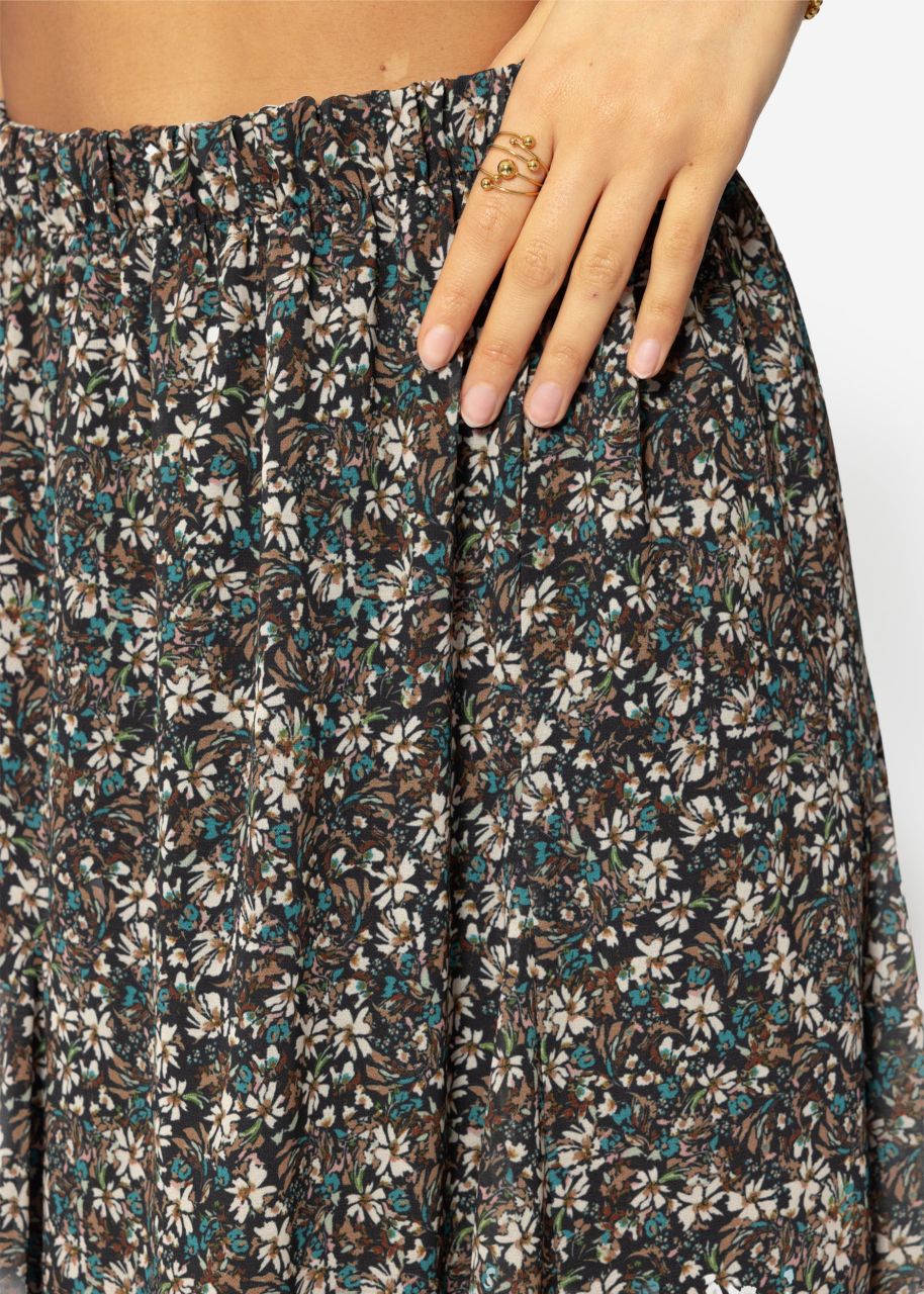 Long chiffon skirt with floral print - black