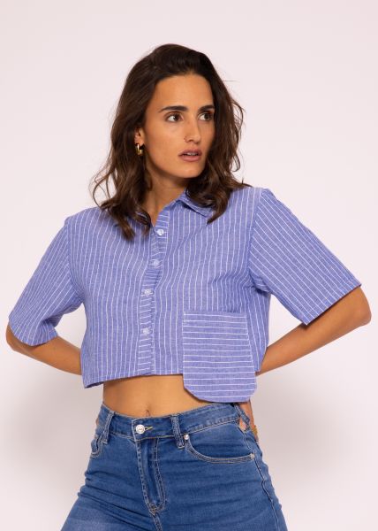 Striped crop blouse with pocket, blue