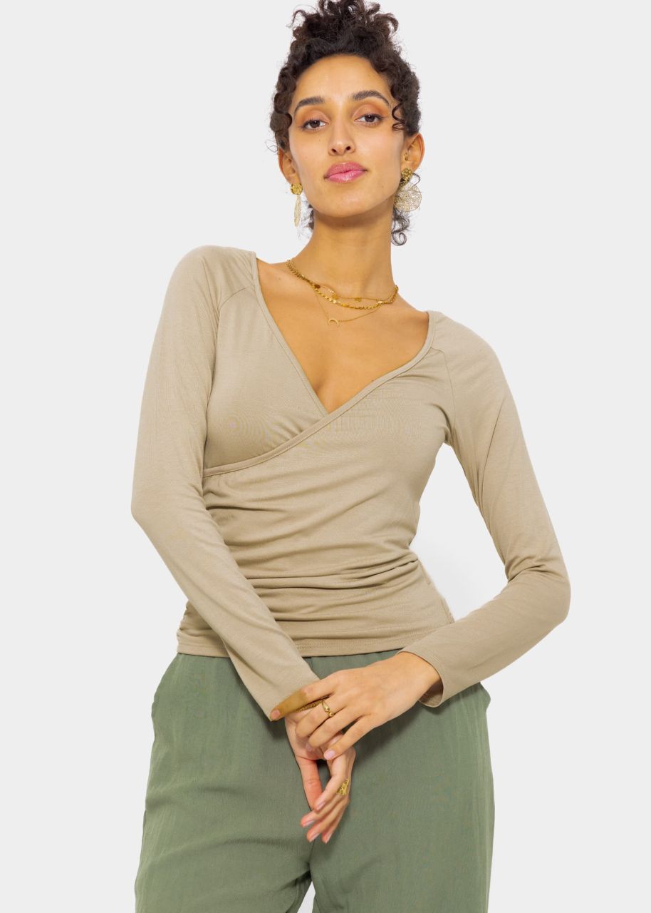 Long-sleeved shirt with a wrap look - beige