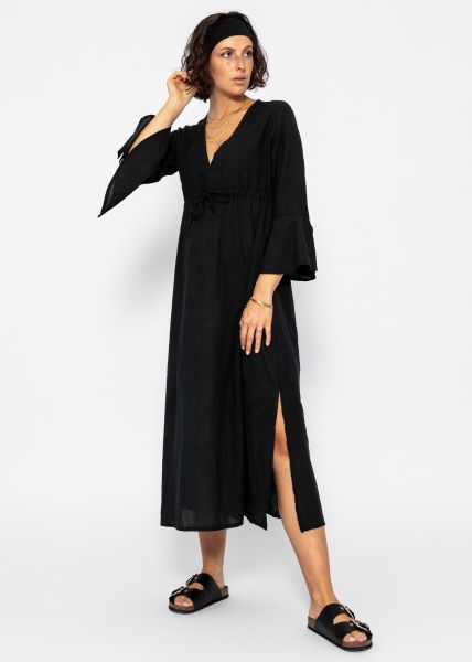 Long cotton dress with side slit - black