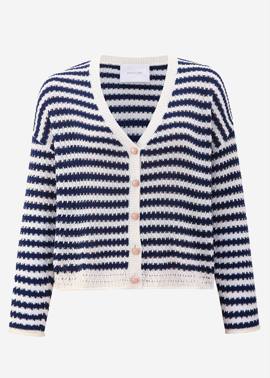 Cardigan in ajour knit - dark blue and white