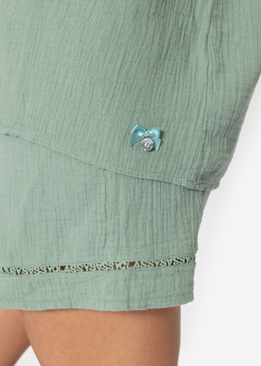 Muslin pyjama shirt with lace trim - sage green