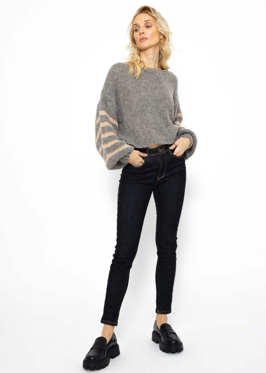 Jumper with striped sleeves, grey-beige