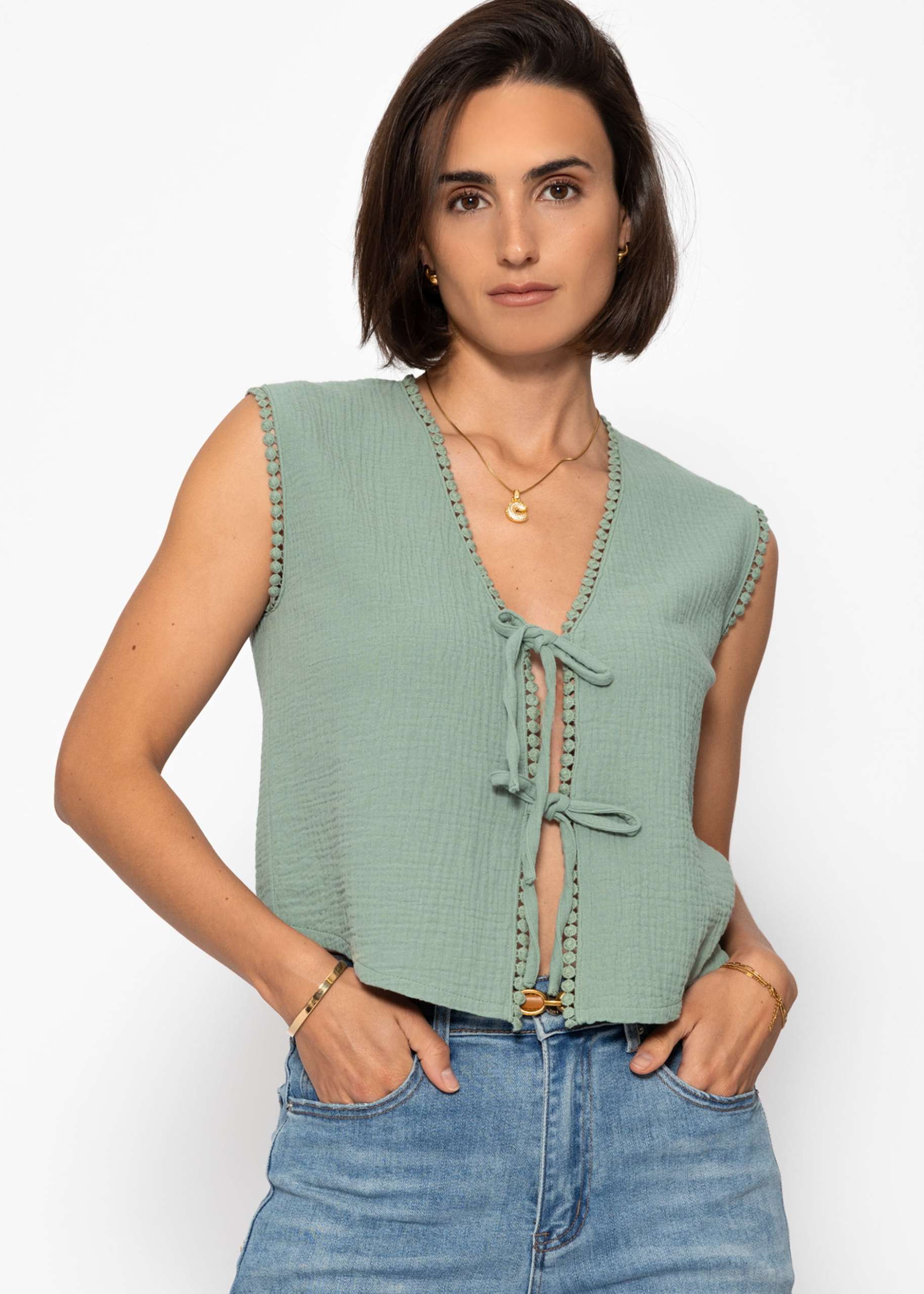 Muslin top with bows - sage green