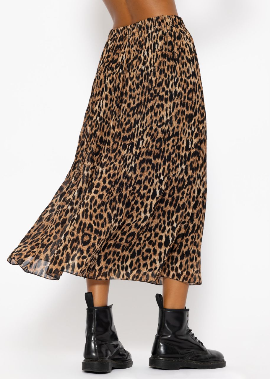 Long pleated chiffon skirt with leopard print in brown