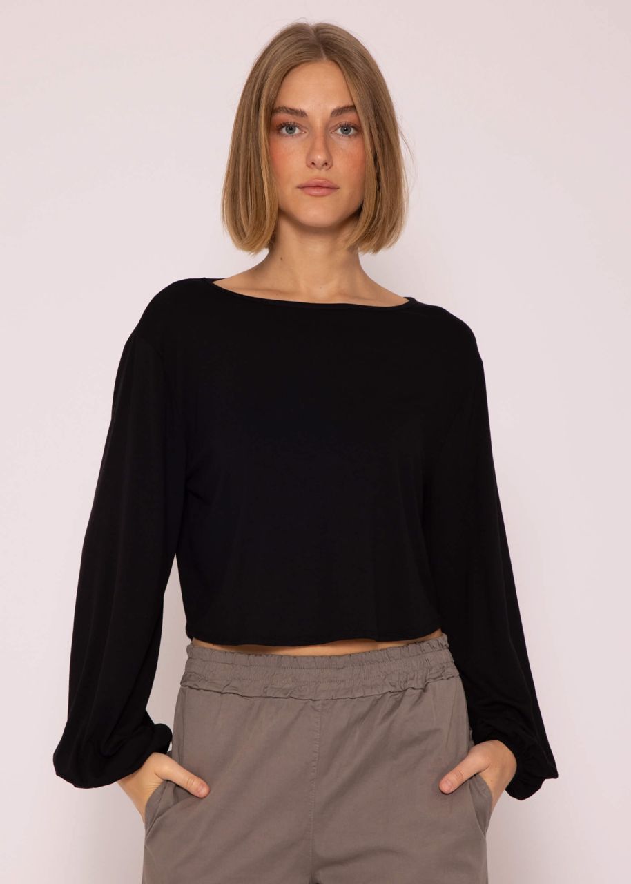 Long-sleeved shirt in jersey with back cut-out, black