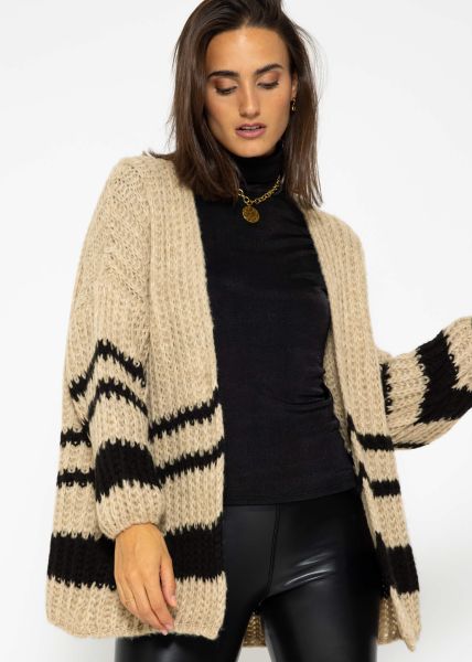 Knitted cardigan with black stripes - beige