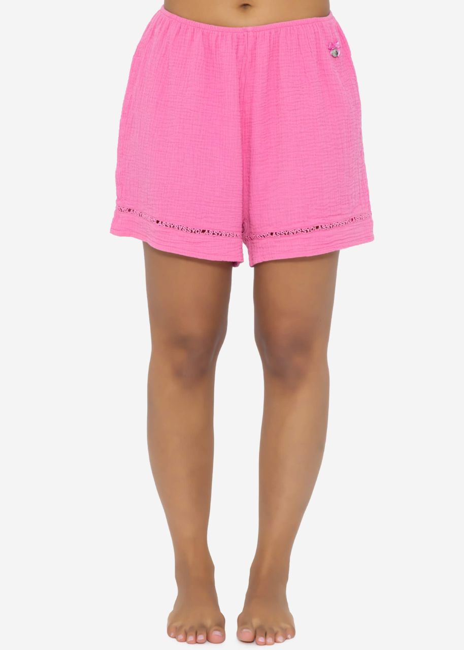 Muslin pyjama shorts with lace trim - pink