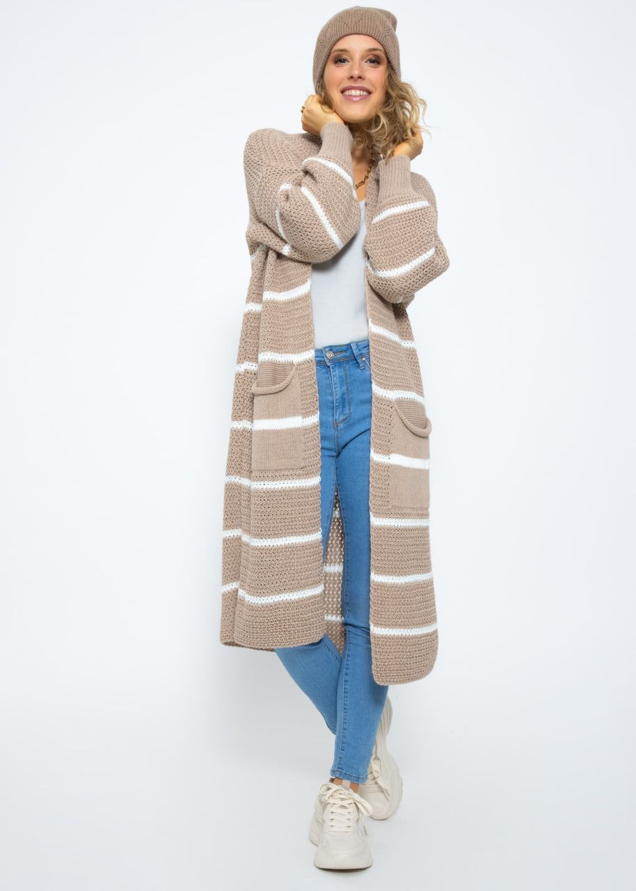 Long cardigan with stripes - beige-offwhite