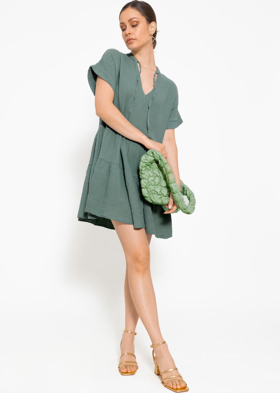 Short muslin dress with flounces - sage green