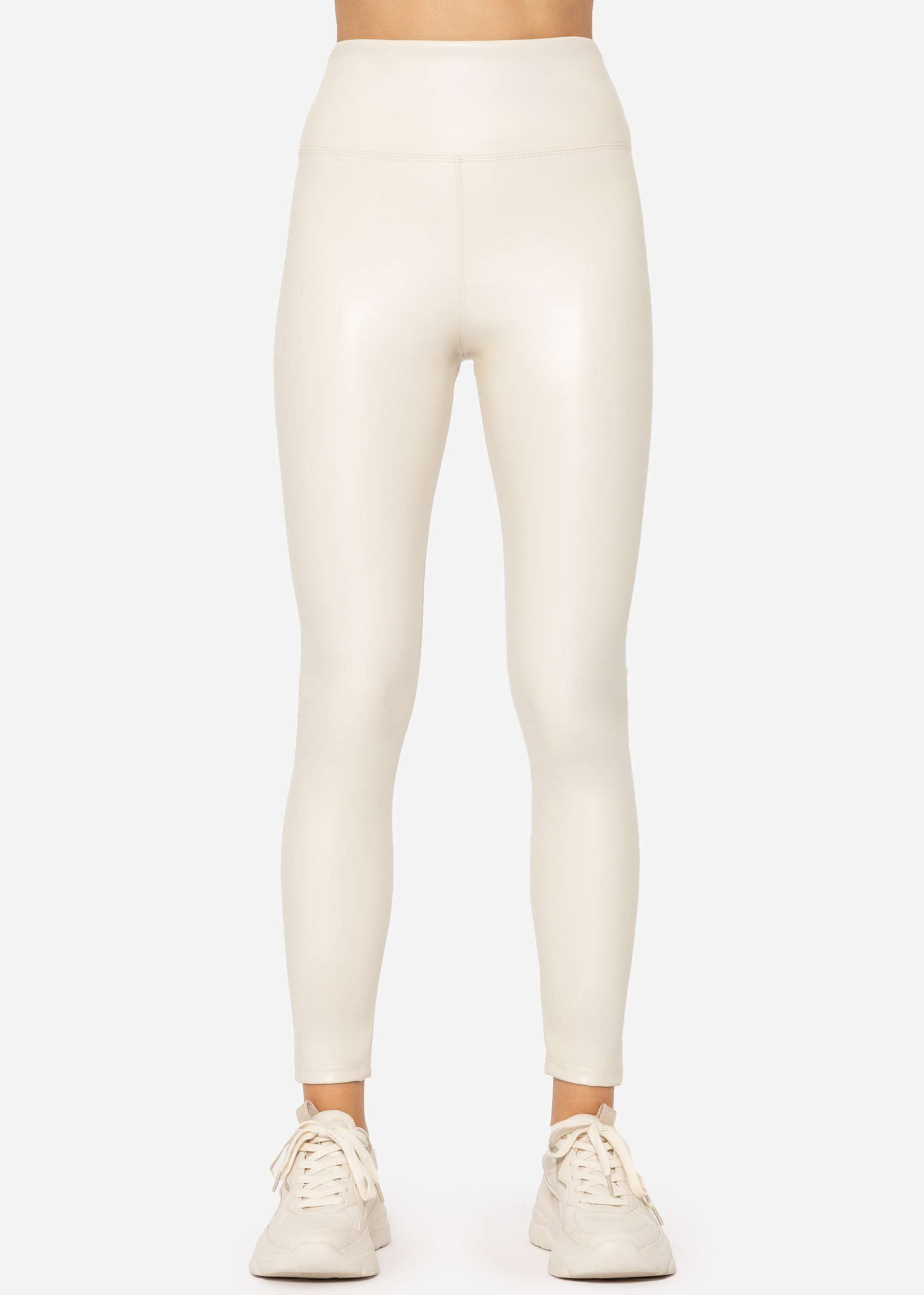 High-rise thermal leather leggings with wide waistband - offwhite