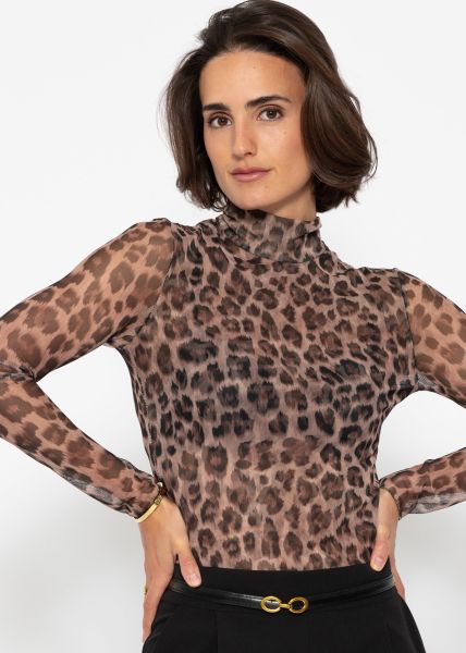 Mesh long sleeve shirt with leo print - brown