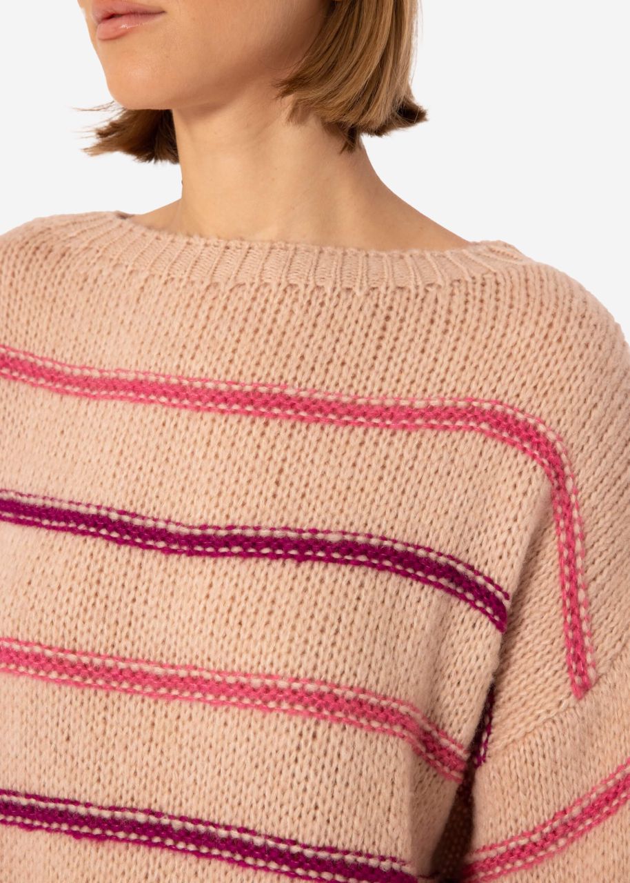 Knitted jumper with coloured stripes - nude-mauve-purple